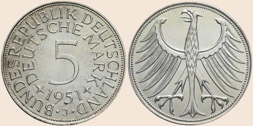 Deutschland Brd 5 Mark J387 Silber 1951 1974